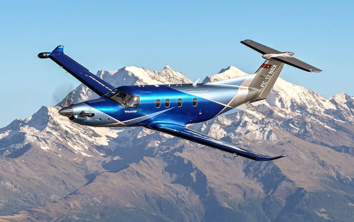 Pilatus turboprop aircraft flying over mountains — IATRA Question Bank